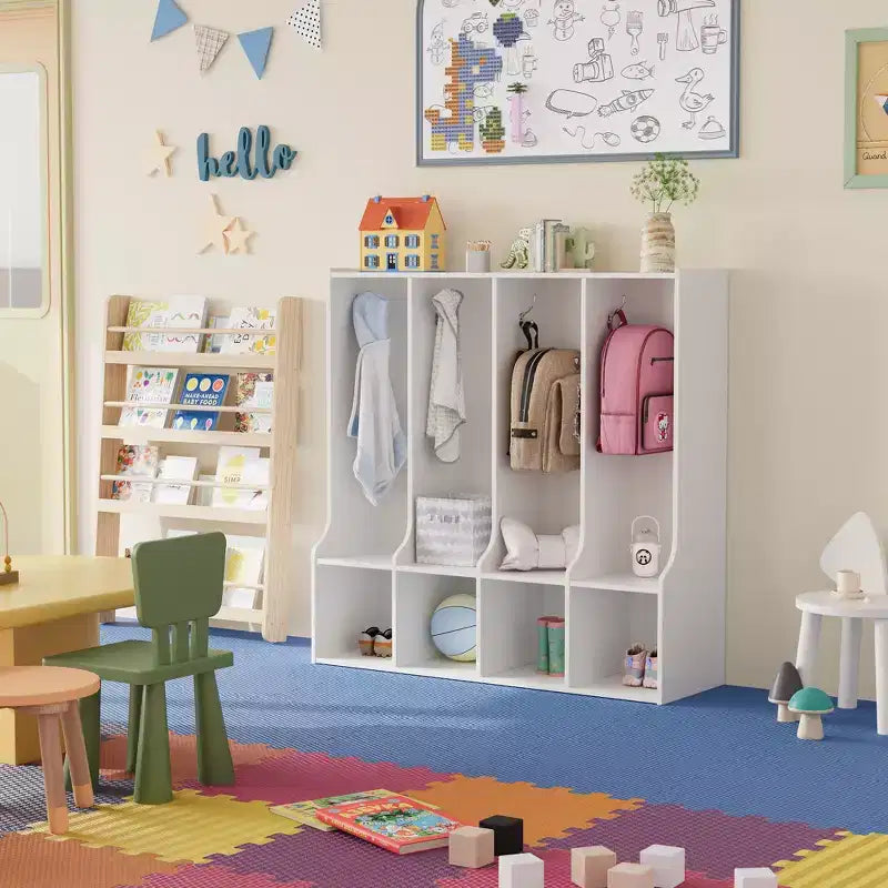 Vestiaire enfant 4 sections Acekool avec 4 casiers et 8 patères pour salle de classe, crèche et maison