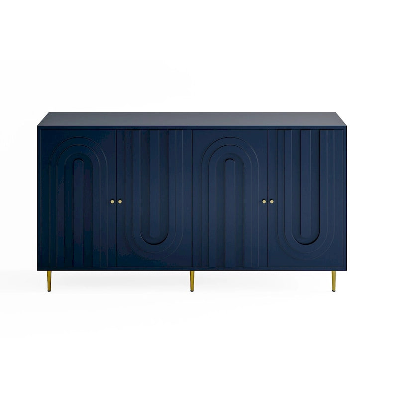 Buffet bahut moderne en bois laqué bleu/gris de 152 cm avec 4 portes, meuble de rangement d'appoint