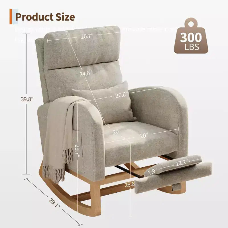 Fauteuil à bascule moderne avec oreiller et poches latérales, pour salon, chambre à coucher