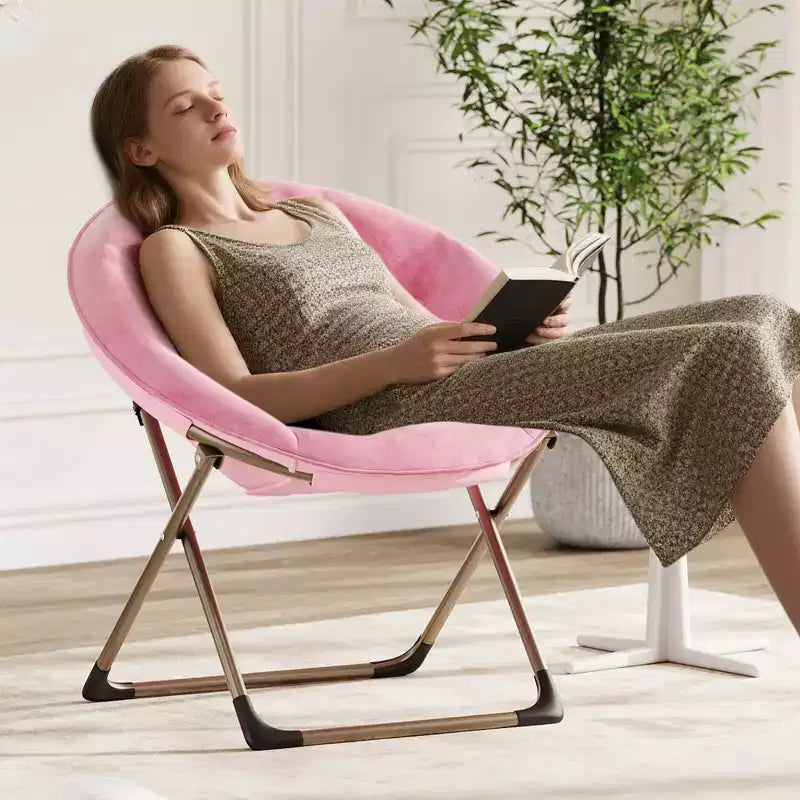 Fauteuil soucoupe, fauteuil moelleux en fausse fourrure, fauteuil lune avec structure métallique pliable, siège d'appoint floral