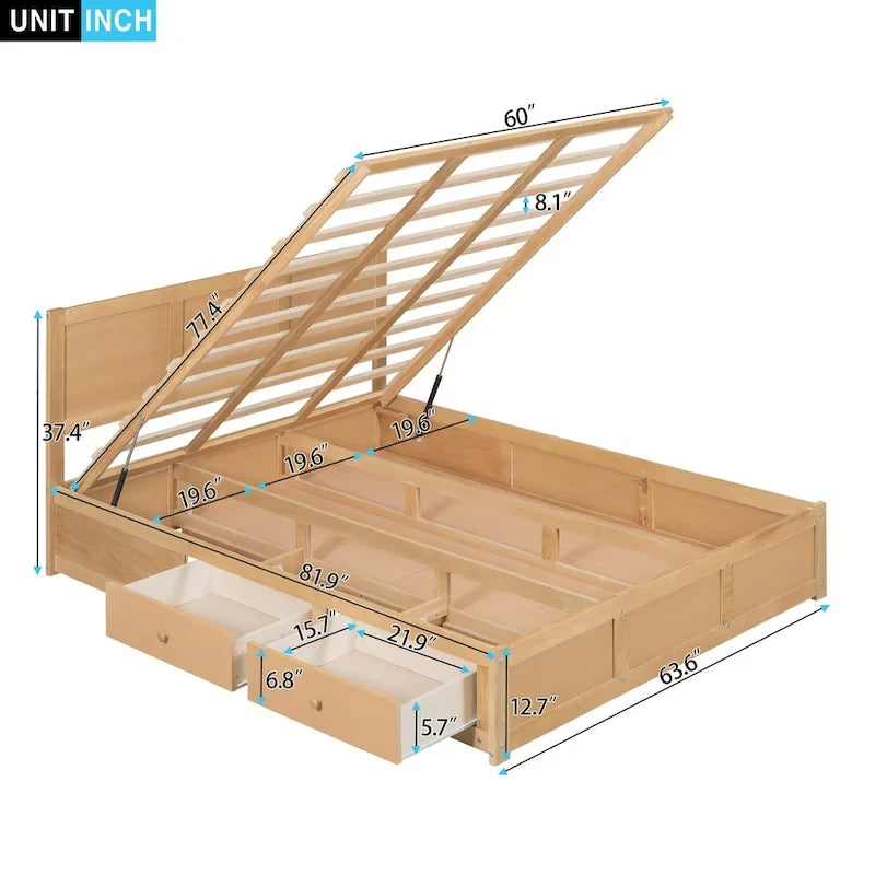 Lit plateforme en bois avec rangement inférieur et 2 tiroirs