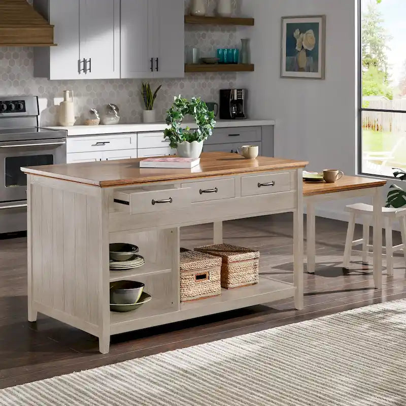 Îlot de cuisine extensible Eleanor bicolore avec finition antique et 3 tiroirs par iNSPIRE Q Classic