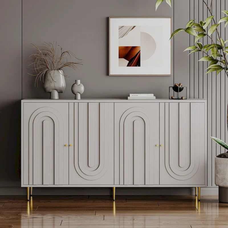 Buffet bahut moderne en bois laqué bleu/gris de 152 cm avec 4 portes, meuble de rangement d'appoint