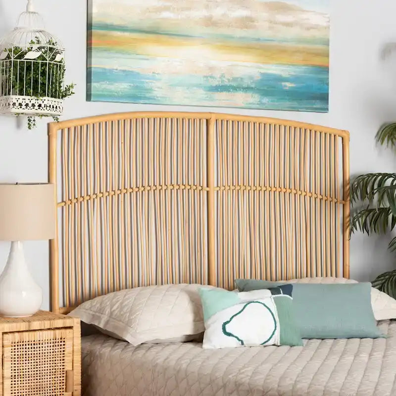 Tête de lit murale Malvina en rotin naturel, style bohème moderne - Grand lit
