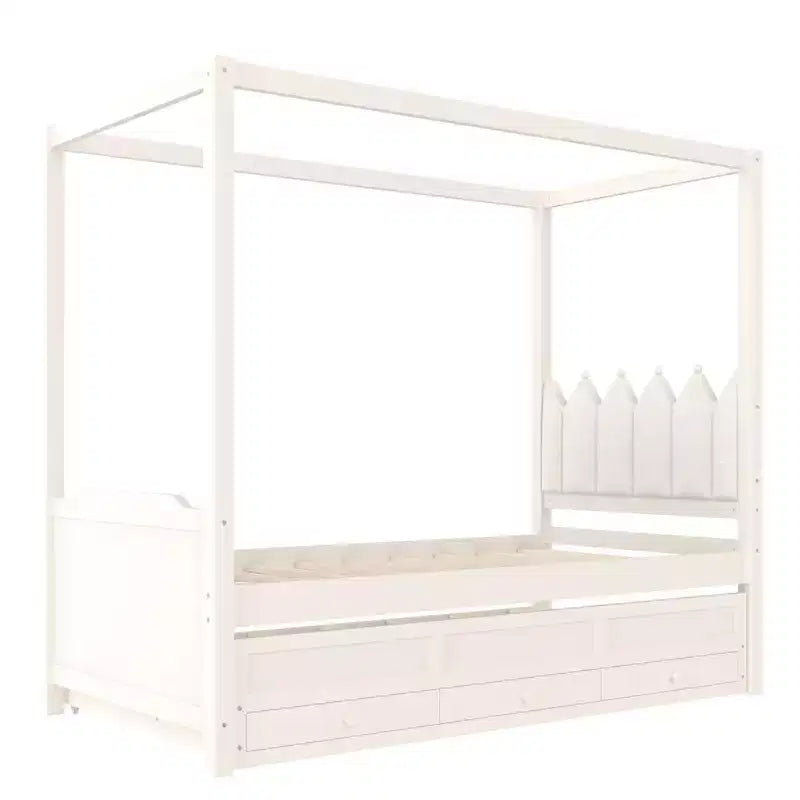 Lit plateforme double/grand format avec lit gigogne, lit à baldaquin en bois de princesse avec 3 tiroirs, lit de rangement avec tête de lit capitonnée pour chambre à coucher