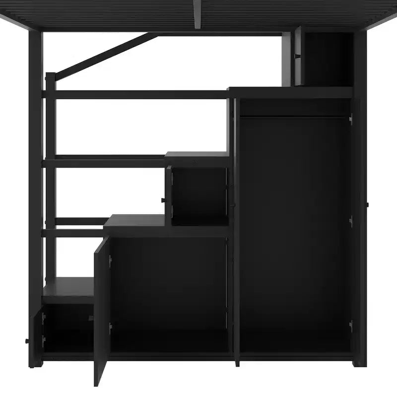 Lit mezzanine Queen Size en métal avec étagères de rangement, armoires et penderie