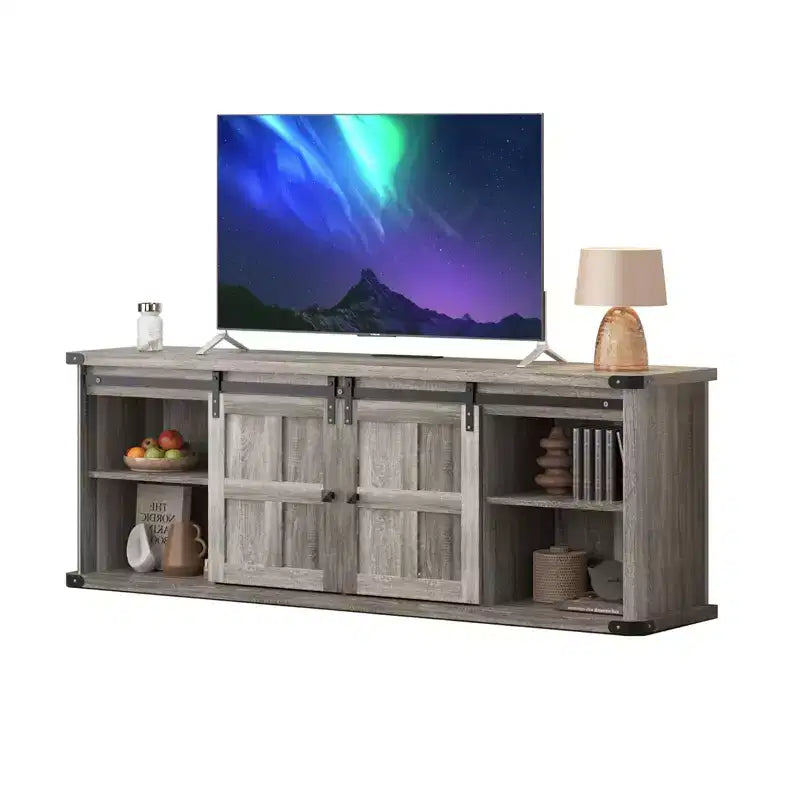 Meuble TV 70 po pour téléviseurs 75 po, centre de divertissement style ferme avec portes coulissantes de grange et armoires de rangement, table console TV média moderne