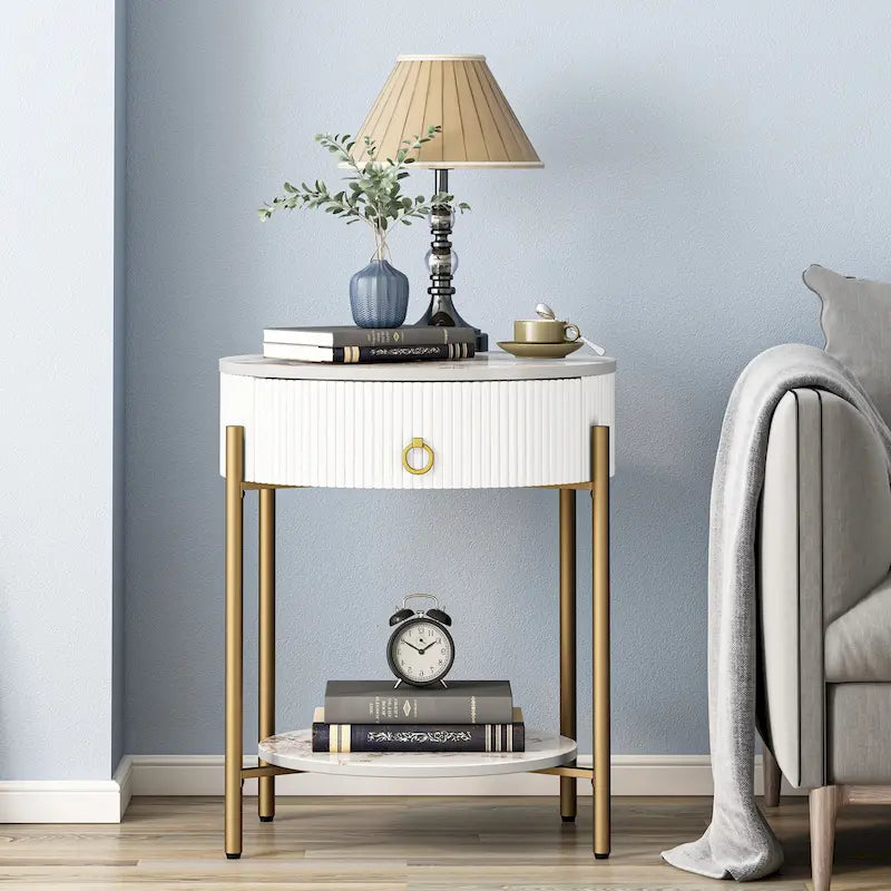 Myhozm Table d'appoint moderne avec tiroir de rangement, table de chevet ronde avec pieds en métal pour salon, chambre, bureau