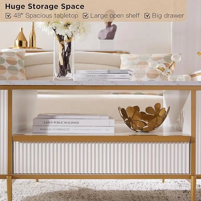Table basse cannelée de luxe moderne, table centrale avec plateau en faux marbre