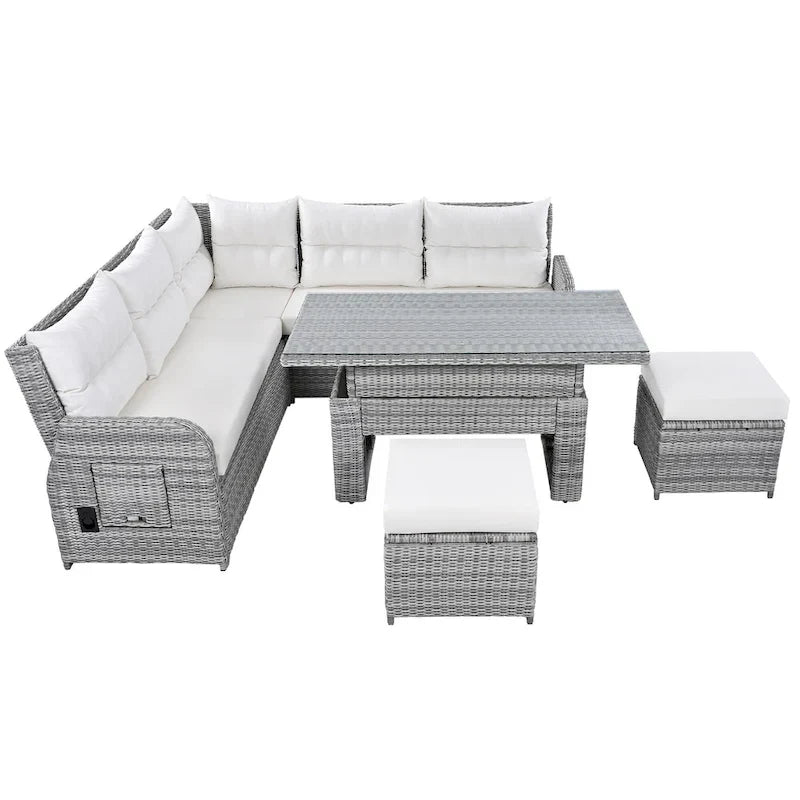 Canapé d'angle d'extérieur en rotin avec table réglable et fauteuils inclinables